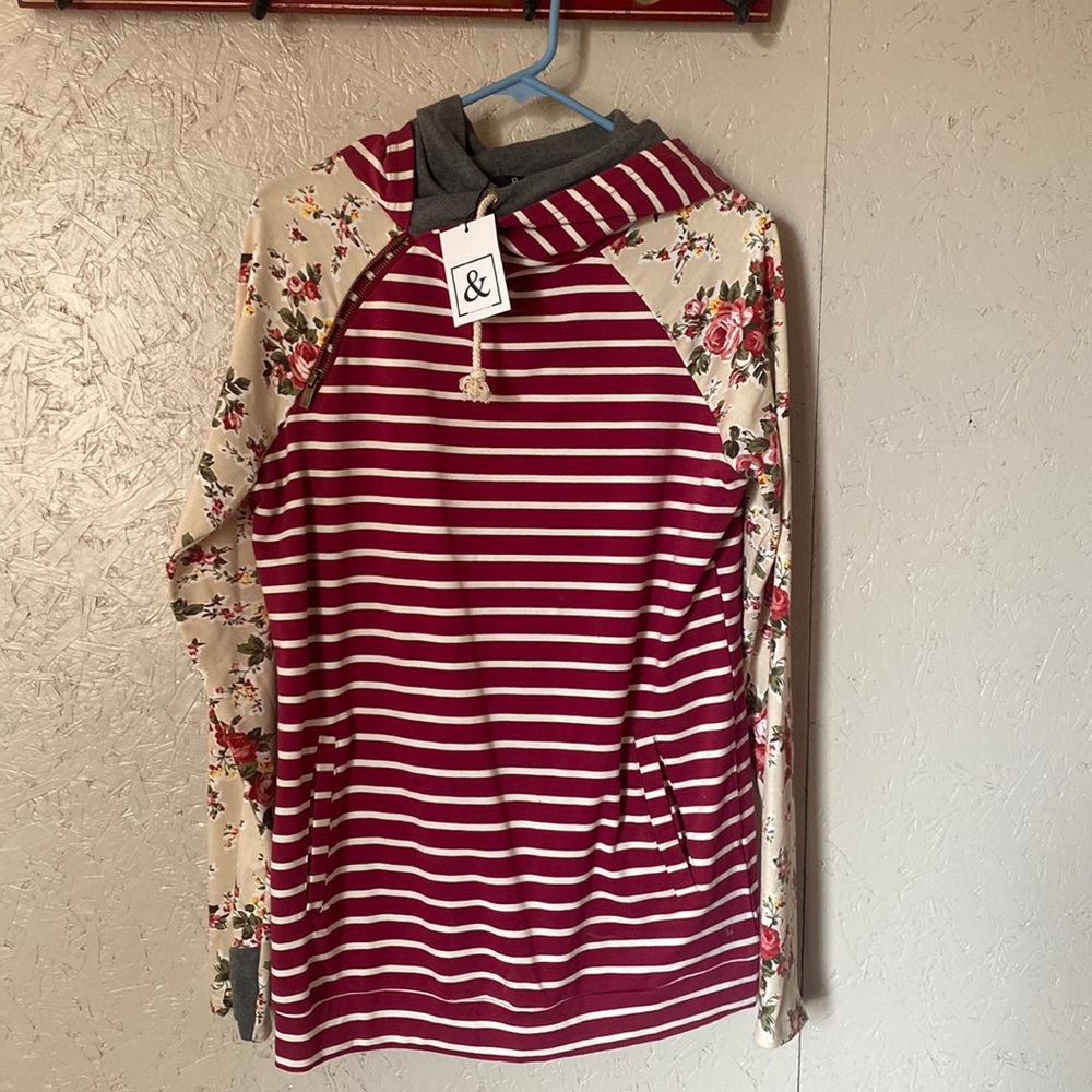 maroon stripe floral hoodie